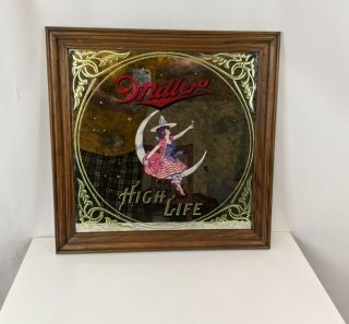 Vintage Miller High Life " Girl On The Moon " Witch Hat Beer Mirror 19x19