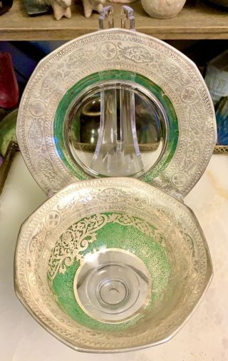Silver Overlay Glass Footed Bowl & Plate,  Green Enamel,  Gorgeous