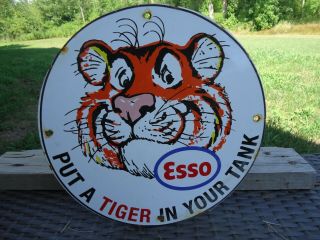 Old Vintage 1950s Esso Gasoline Motor Oil Porcelain Gas Station Pump Sign Tiger