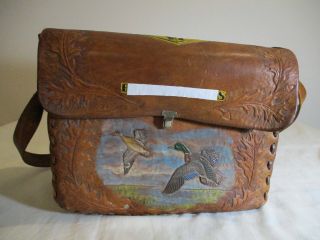 Vintage Shooting Hunting Leather Bag Hand Tooled Patches Hunting Scenes