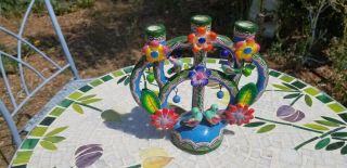 Vintage Mexican Pottery Tree Of Life Candle Holder Flowers And Birds