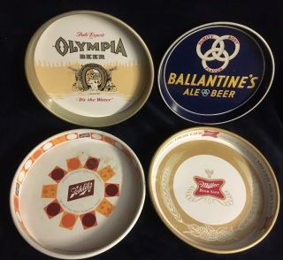 4 Vintage Beer Trays Olympia Ballantine’s Miller High Life Schlitz Trays