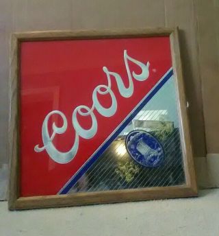 Vintage Coors Beer Mirror Sign Wood Frame 17 X 17 Man Cave Bar Room Display
