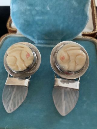 Amy Kahn Russell Vintage Hand Carved Bunny Earrings With Rose Quartz Leaf Drop