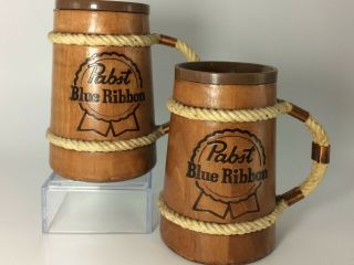 Rare Vintage Pbr Pabst Blue Ribbon Beer Stein Wood Mug With Rope Copper Handle