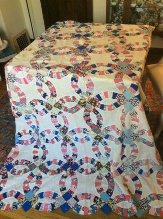 Pretty Vintage Double Wedding Ring Quilt Top Depression Feedsack Fabric 64 X 86