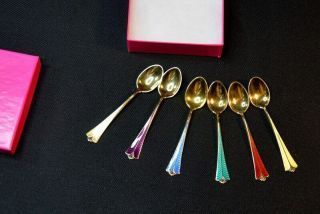 Set Of Six David Andersen Sterling Silver Enamel W/gold Wash Demitasse Spoons