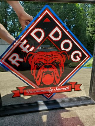 Red Dog Beer Uncommonly Smooth Bulldog Wood Frame Back Bar Mirror Sign L23 3
