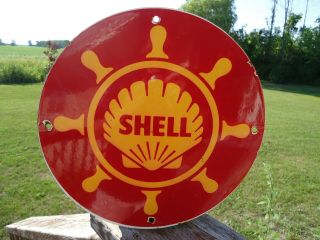 Old Vintage 1950s Shell Marine Porcelain Advertising Gas Pump Sign Gasoline Oil