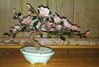 Vintage Chinese Jade Rose Glass Cherry Blossom Tree Peking Asian Sakura Bonsai