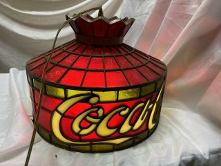 Vintage Coca Cola Hanging Pendant Lamp Red Tulip Design Stained Fiber Glass Bar 3