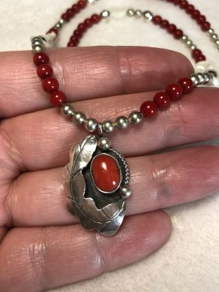 593 Vintage Navajo Red Coral Sterling Silver Pendant,  Mother Of Pearl Necklace