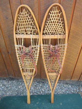 Vintage Snowshoes 45 " Long X 10 " Wide With Leather Bindings Ready To Use