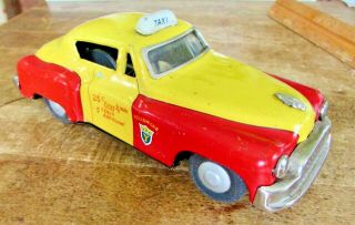 Vtg Tin Toy Yellow Taxi Cab Ahi Brand Toys Japan 6.  5 " Good Cndn Friction Sticks