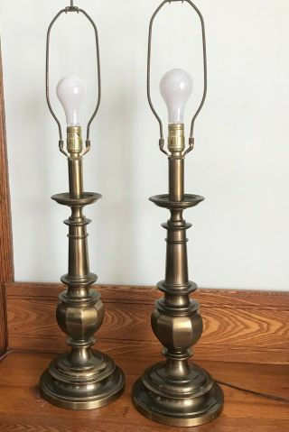 Vtg Mid Century Retro Pair Stiffel Solid Brass Table Lamps W/ Shades 34”h Usa