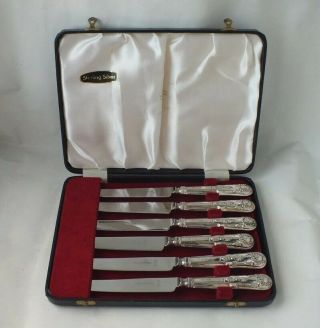 Boxed Set Of 6 Kings Pattern Sterling Silver Handles Tea/ Dessert/ Knives 1966