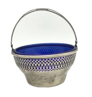 Antique Sterling Silver Pierced Basket Cobalt Glass Bowl Insert Sugar Vintage