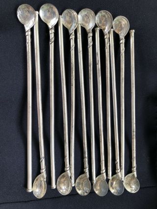 12 Vintage Apb Taxco Mexico Sterling Silver Stirrer Ice Tea Straw Spoons 81.  7 G