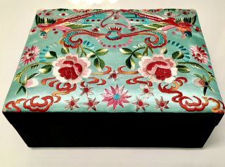Vintage 1960 Asian Turquoise/embroidered Silk Jewelry/trinket Box 8x6 Inch