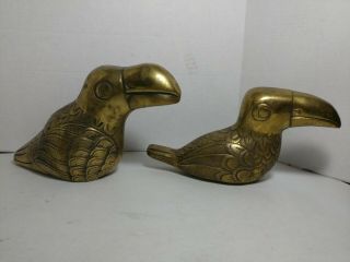 2 Vintage Heavy Brass Toucan Figurine Metal Art Deco Bird Statue Made In Korea