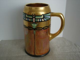 Vintage Egyptian Revival Hand Painted Stein Mug Scarab Inches 24 Kt Gold Finish