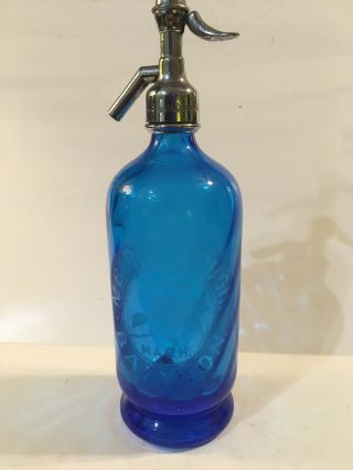 Vintage Seltzer Bottle Blue Swirl Glass Seltzer M Barraclough London Rose Etched