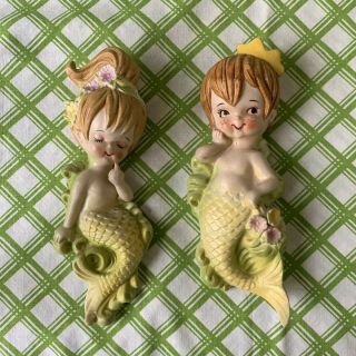 Pair Vintage 50s Lefton Bisque Mermaids Boy Girl Prince Princess Kitschy