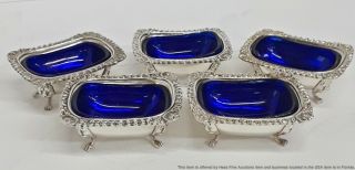 Antique Sheffield Footed Silver Plate Master Salt Dips W/ Cobalt Glass Inserts