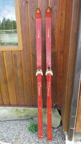 Vintage 75 " Wooden Skis With Old Red Finish And Metal Bindings