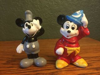 Two Vintage Disney Mickey Mouse Wizard & Steamboat Willie Ceramic Figurines 3.  5 "