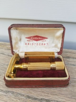 Vintage Gillette Aristocrat Gold Safety Razor & Dispenser Orig Leather Box