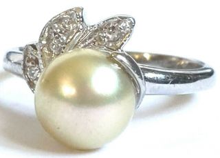Very Fine 8mm Cultured Pearl Rose Hue 14k White Gold 3 Diamond Vintage Ring 3.  3g