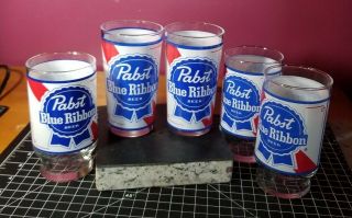 5 Vintage Pabst Blue Ribbon Beer Glasses Logo Cup 2 Styles Fast