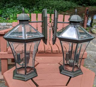 PAIR VINTAGE BRASS/COPPER EXTERIOR OUTDOOR WALL SCONCE LIGHT FIXTURES 2