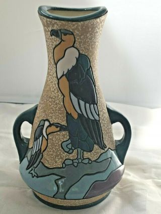 Vintage Czech Raised Enamel Amphora Pottery Handled Vase W/ Condor Bird Design