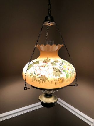 Vtg Hurricane Hanging Swag Lamp Hand Painted Milk Glass Ruffle Globe Gwtw
