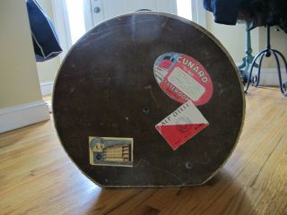 Vintage Round Hat Box Train Case With Leather Handle And Travel Stickers.  No Key.