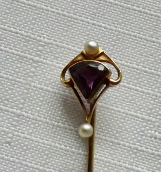 Vintage 14k Yellow Gold Amethyst Seed Pearl Stick Pin