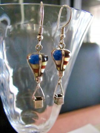 Vintage Turquoise Lapis Mop Onyx Hot Air Balloon Sterling Silver 3 - D Earrings