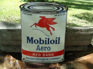 Vintage Old 1947 Mobiloil Aero Motor Oil Can Porcelain Gas Station Sign