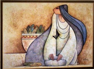 VINTAGE COLLECTIBLE ABSTRACT ART PRINT FRAMED MULLAN ' WOMAN GRINDING CORN ' 2
