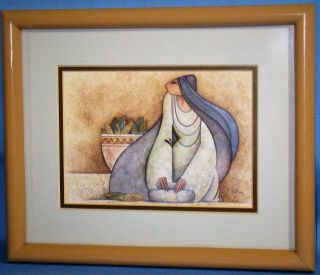 VINTAGE COLLECTIBLE ABSTRACT ART PRINT FRAMED MULLAN ' WOMAN GRINDING CORN ' 3