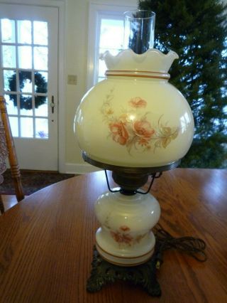 Vintage 3 - Way Hurricane Table Bedside Parlor Lamp 19 " H Burnt Orange Floral Motif