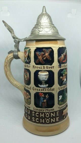 King Stoneware Vintage German Pottery Beer Stein W/pewter Lid 1/4l