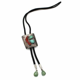 Vintage Navajo 925 Sterling Silver Turquoise Coral Bolo Tie Signed Aww