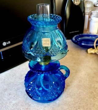 Vintage Imperial Tulip & Cane Bundling Mini Miniature Finger Oil Lamp Teal Blue