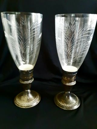 Vintage Pair Gorham Sterling Silver Candle Stick Holder Etched Glass Hurricane