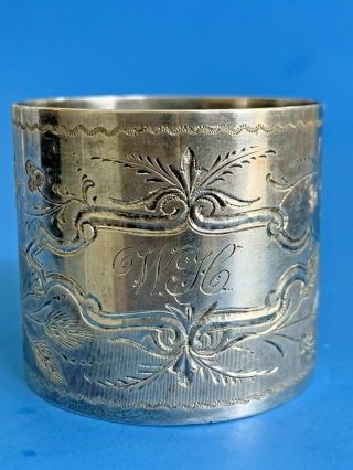Antique Victorian Bright Cut Engraved Wheat Sterling Silver Napkin Ring