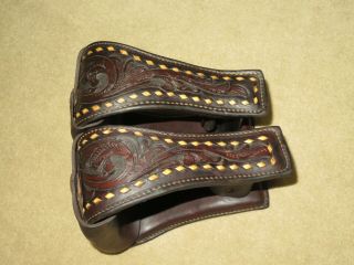 Terrific Vintage Tooled Buckstitched Dark Oil Leather Western Saddle Stirrups