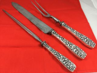 Antique Gorham 3 Piece Roast Carving Set With Sterling Silver Handles C.  1888